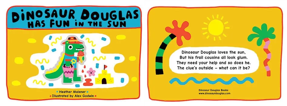 Front and back cover spread of Dinosaur Douglas Has Fun in the Sun