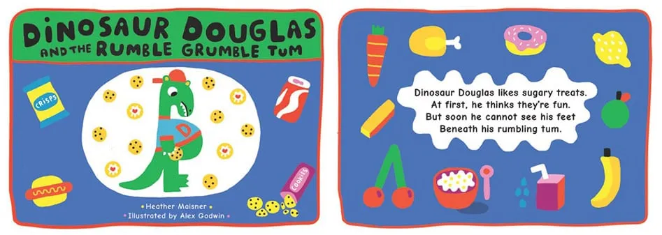 Front and back cover spread of Dinosaur Douglas and the Rumble Grumble Tum
