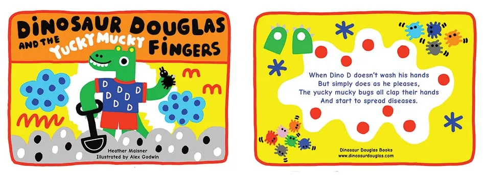 Front and back cover spread of Dinosaur Douglas and the Yucky Mucky Fingers